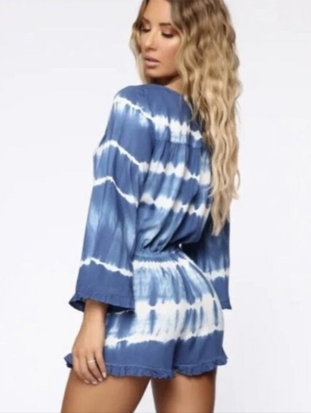 American Eagle blue tie dye lace up bell sleeve romper Viscose Size Small